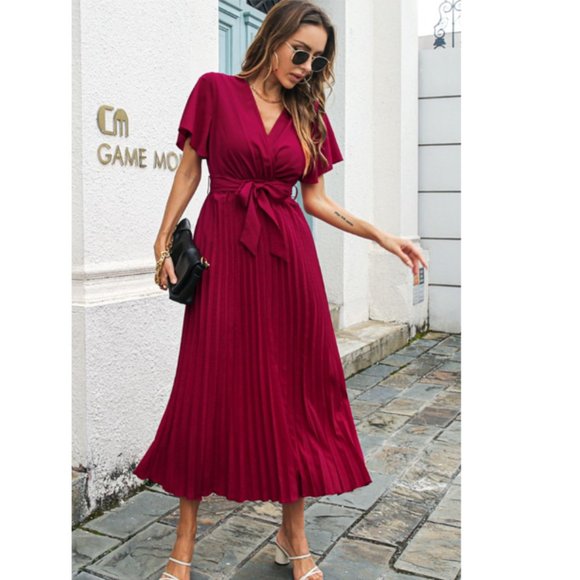 Flutter Sleeve Belted Surplice Midi Dress - Picture 5 of 9